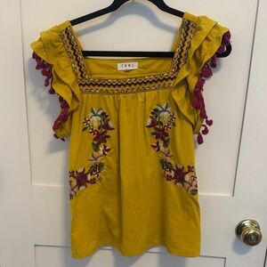 THML Mustard Embroidered Blouse with Ruffle Sleeves